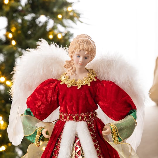 Glitzhome® 18" Faux Fur & PVC Traditional Christmas Angel Tree Topper with Porcelain Face